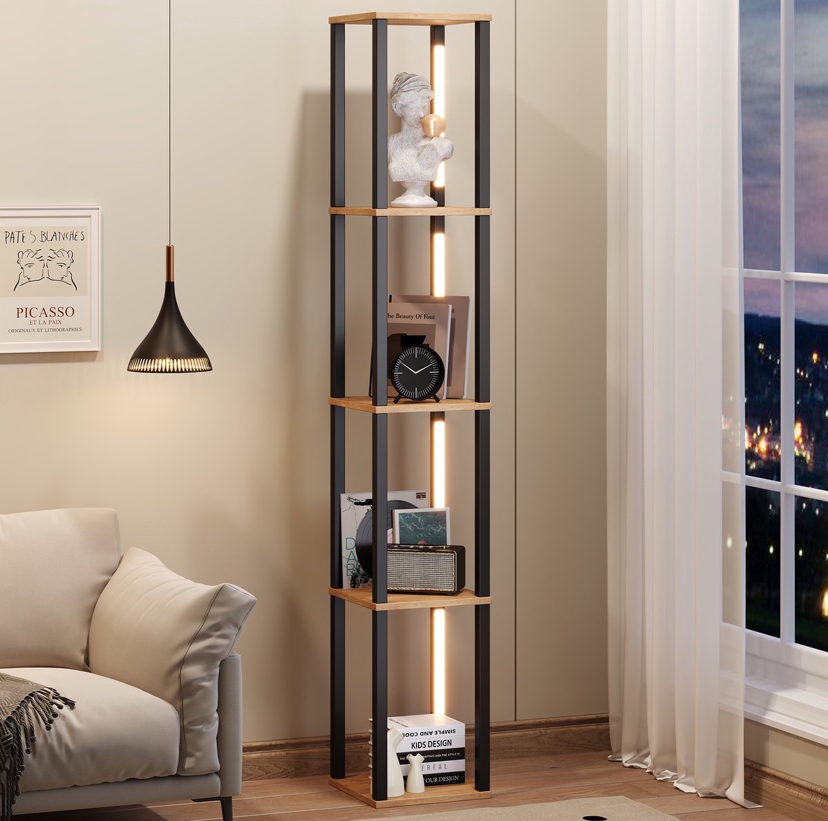 REDOM - Stellingkast woonruimte - Vier niveaus - Open kast - LED verlichting - Modern minimalistisch design - MDF - Zwart en naturel - 26 x 26 x 165 cm