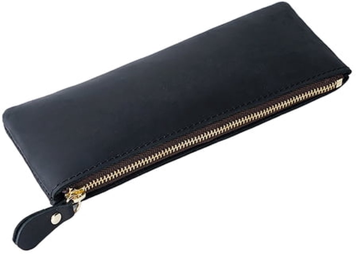 LISM-Leren etui met ritssluiting, geschikt als schrijfwarentas, make-uptas, brillenkoker of klein etui voor studenten, voor pennen, potloden en stiften - zwart.