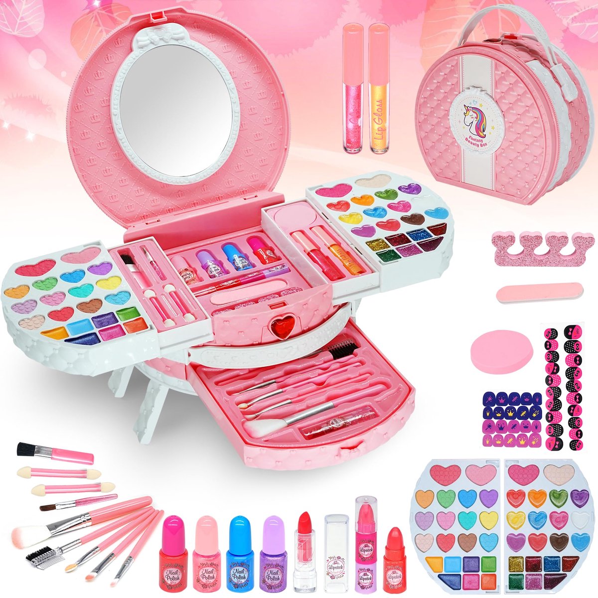 SnelShoppen - Kids Make-up Set Meisje 66 PCS Draagbare Wasbare Make-up Speelgoed voor Meisjes 4-12 Jaar - Perfect voor Verjaardag, Kerstmis en Feestje
