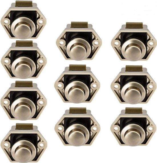 Tien zilverkleurige drukknop deursloten met een hexagonale basis en een ronde knop.