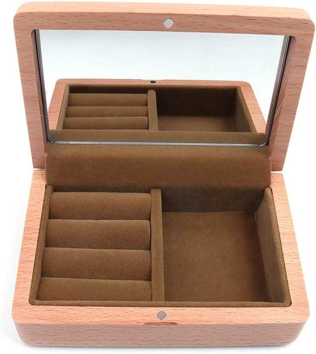 Kleine Zwarte Beuken Sieradenopbergdoos met Ringen, Oorbellen en Ketting - Massief Hout - Compact Formaat