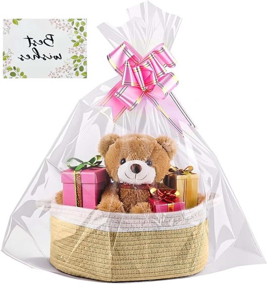 Geschenkmand van katoen met lint, opbergmand met handgrepen voor Pasen, babyshower, Kerstmis - Kaki/Wit