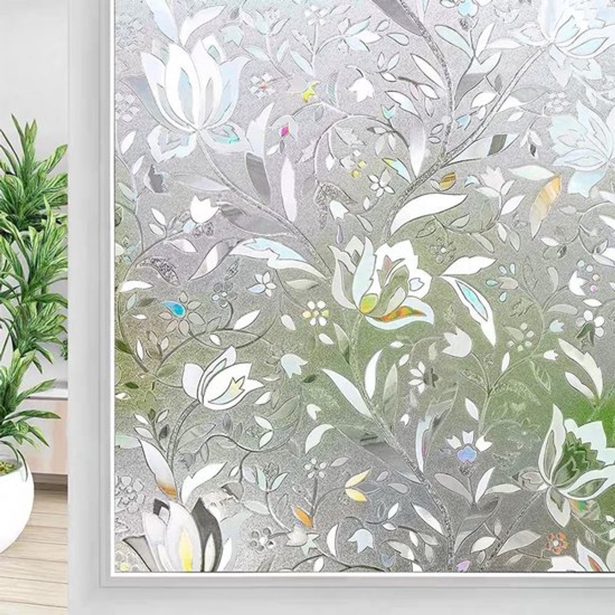 Ondoorzichtige raamfolie met bloemenpatroon en regenboogeffect, statisch zelfklevend, UV-bescherming, decoratief en kleurrijk (45 x 400 cm)