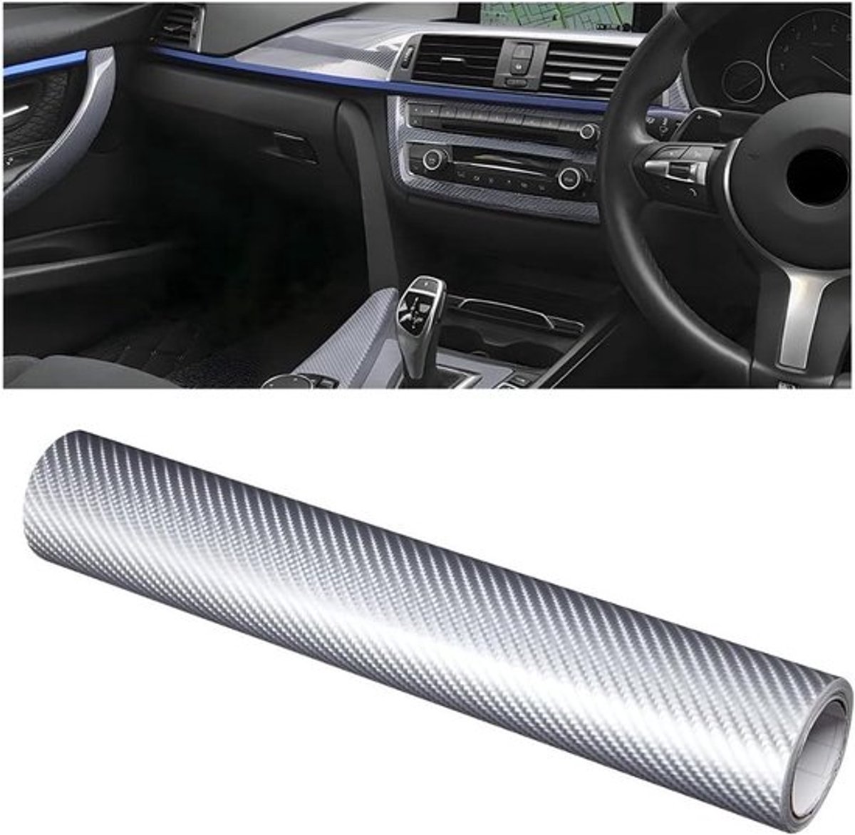 Carbon Sticker Zelfklevende Vinyl Autofolie, Interieurfolie Koolstof Fiber, Lakbeschermingsfolie Glans, Zilver - Auto Accessoires