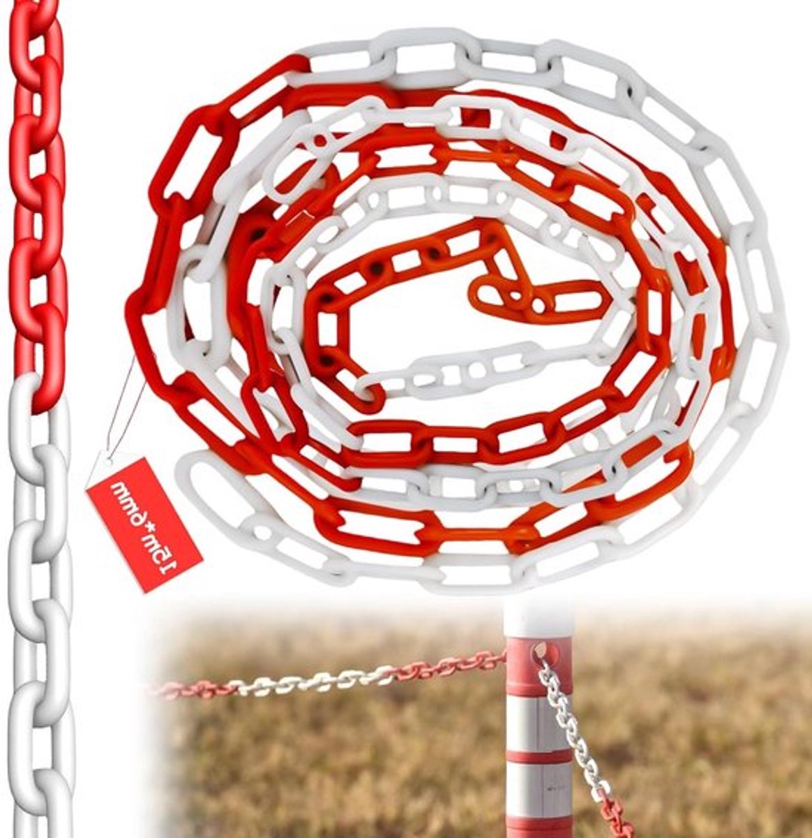 Veiligheidsketting van 15 m x 6 mm in rood-wit voor waarschuwing en afzetting in parkeergarages en bouwplaatsen