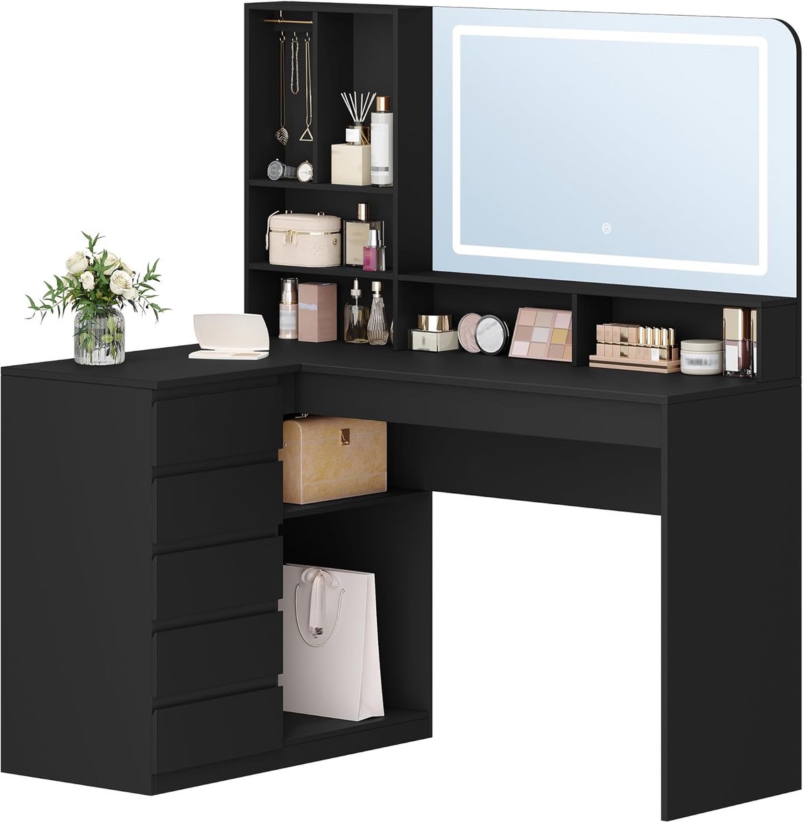 Hzuaneri Kaptafel met Grote Spiegel en Ledverlichting, Zwart, 40 × 120 × 140 cm, L-Vormige Hoekkaptafel met 5 Lades, 7 Open Vakken en Haken voor Kettingen – Slaapkamer