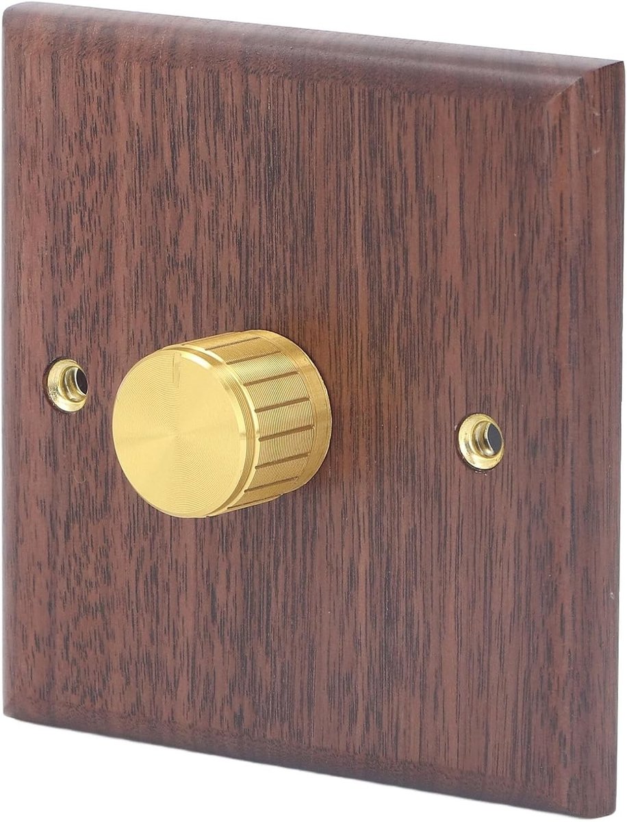 Dimmer Schakelaar met Koperen Knop en Zwart Walnoot Paneel, Rotatieve Timer Schakelaar voor Decoratieve Binnenverlichting, 200-250V, Ideaal voor Woonkamer en Slaapkamer