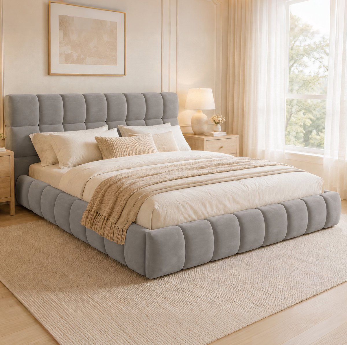 DESMIU Gestoffeerd Bed 140x200 cm – Zachte Rugleuning Met Ingelegde Matraspositie – Lattenbodem – Tweepersoonsbed Van Fluweel – Grijs – Zonder Matras