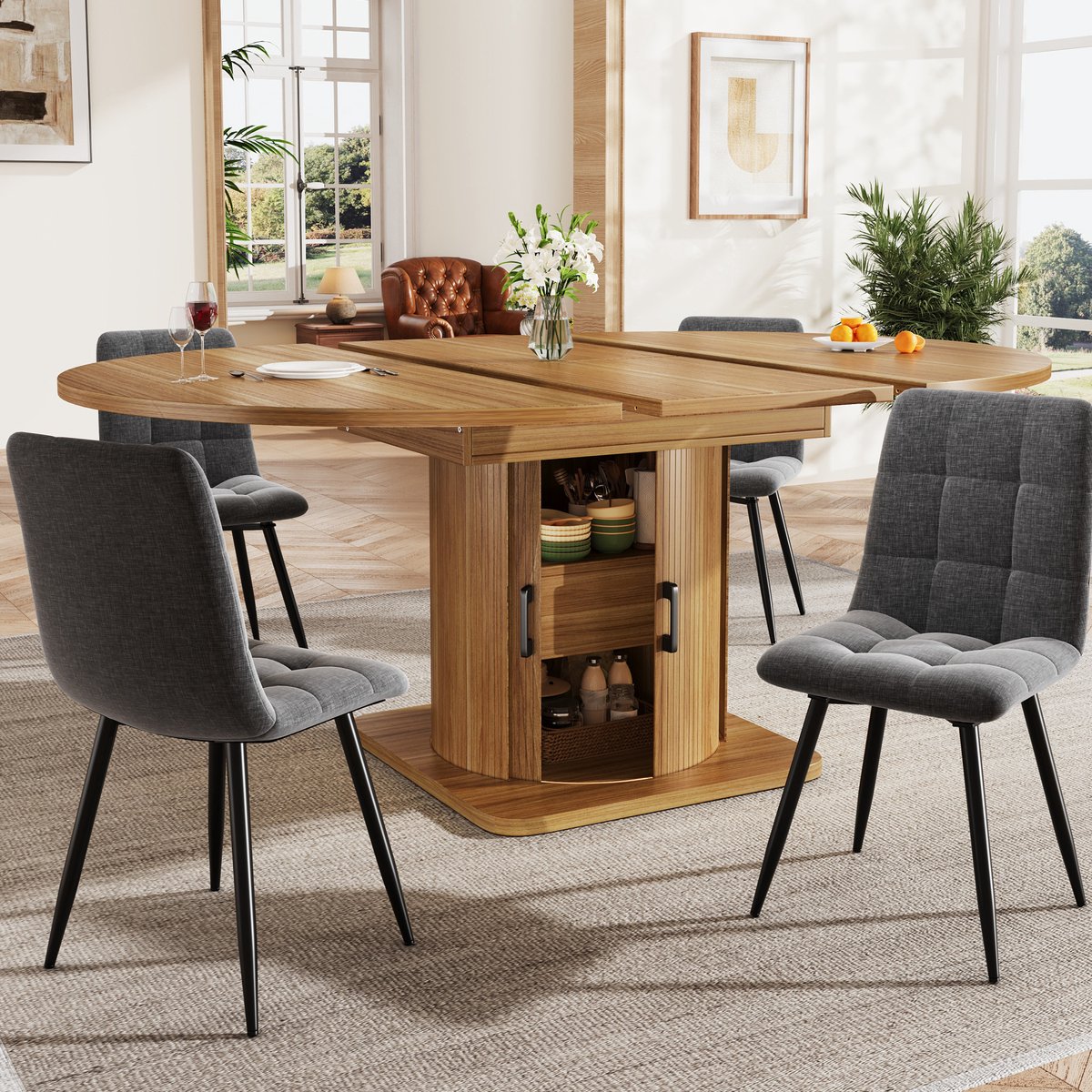 COVREO Eettafelset 158x118 cm zwartbruin en grijs, MDF met 4 stoelen