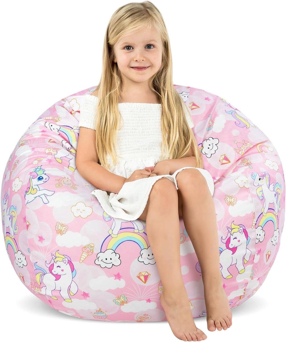 SnelShoppen - Zitzak voor Kinderen, Roze Eenhoorn Knuffeldier Opbergzak, Wasbaar met Ritssluiting, Organizer voor Speelgoed, Kleding en Knuffeldieren,