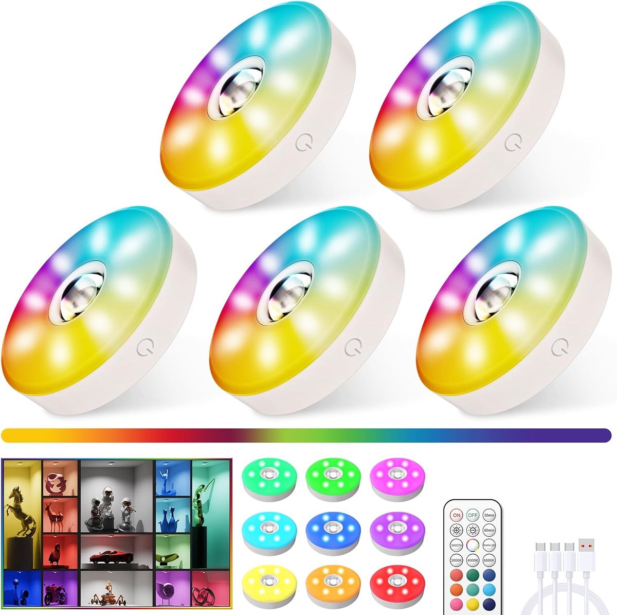 Puck Lights with Remote Control, Colour Changing LED Puck Lights with Dimmable Dynamic Rainbow Chase Effect, 2000 mAh - ShopVlot