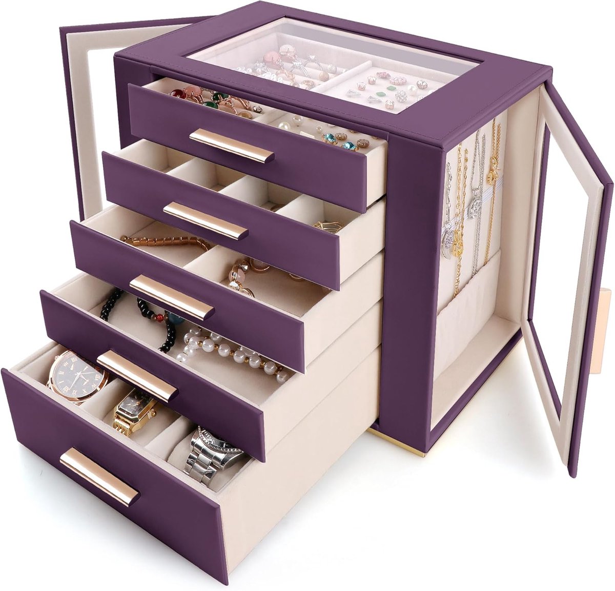SnelShoppen - Groot sieradendoosje voor vrouwen, 2 lagen PU-leer opbergdoos voor ringen, oorbellen, halskettingen, armbanden, horloges en haaraccessoi