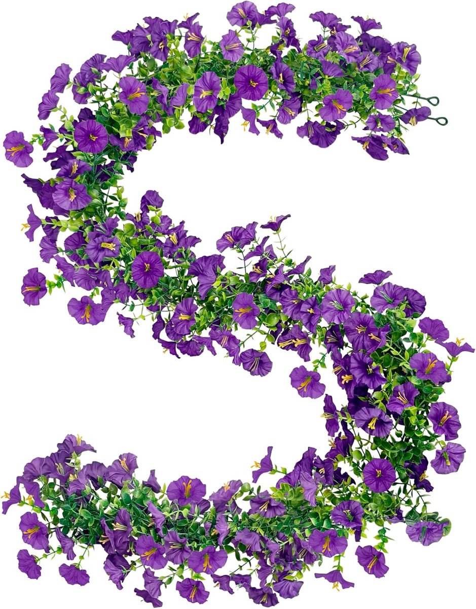 SnelShoppen - 2 stuks kunsthangplanten, petunia's, bloemenkransen, kunstbloemen, weerbestendig, 3,6 m slinger, ranken voor binnen, buiten, balkon, tui