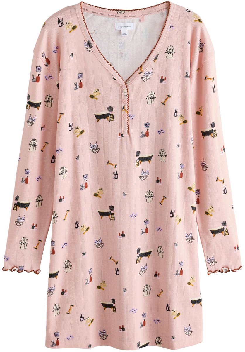 Next Dames - Nachtpon met lange mouwen en ajourmotief - Roze Pink Spa Print