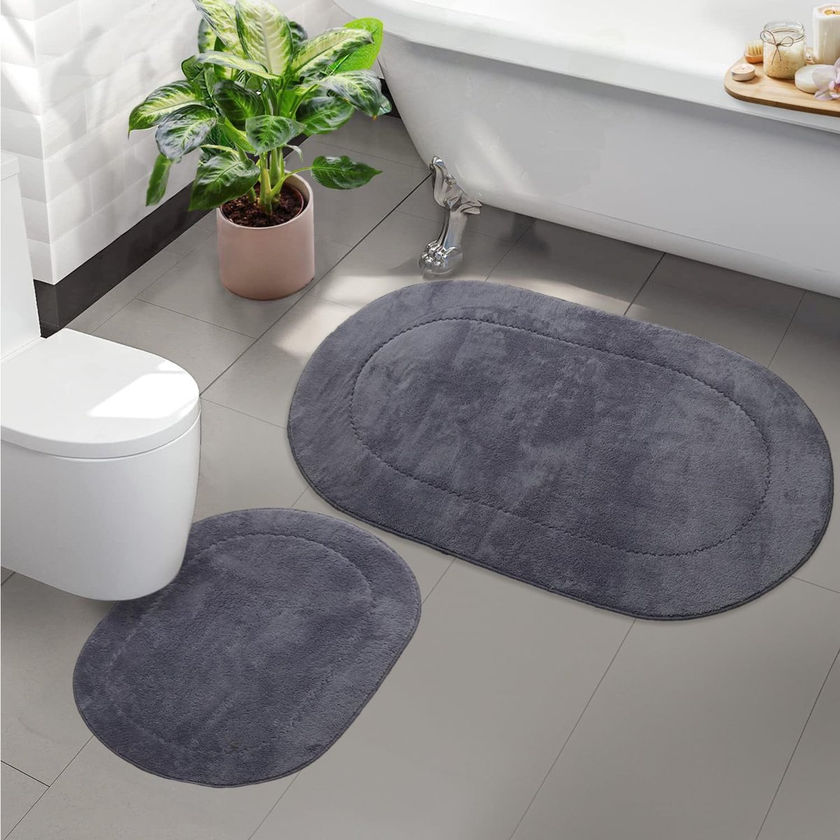 SnelShoppen - 2-delige badmat grijs, antislip, zacht, snel drogend, perfect voor badkamer, douche, toilet, luxe uitstraling, modern design