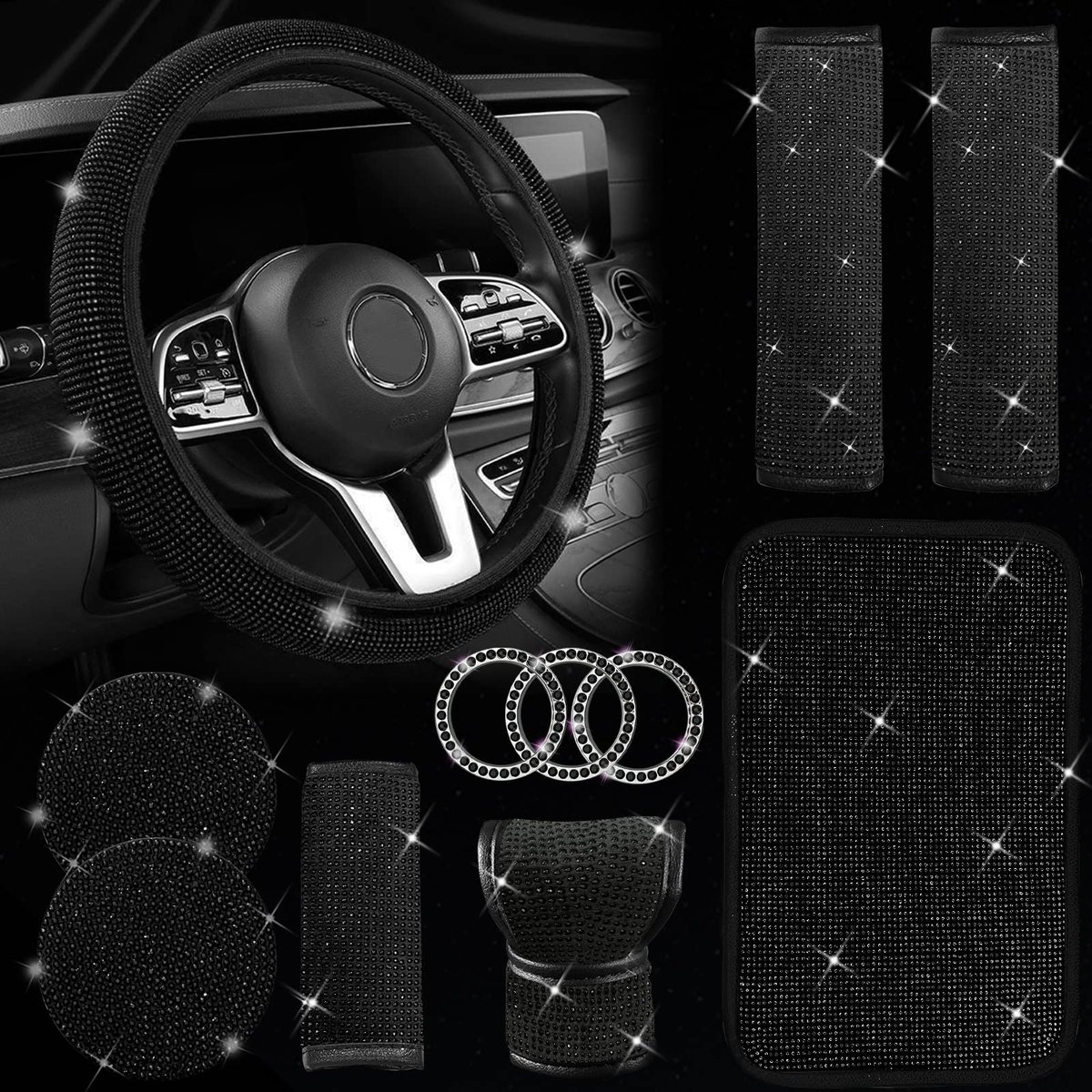 SnelShoppen - 11-delige blingbling-autoaccessoireset voor vrouwen - Stuurhoes met strass-steentjes - Universele pasvorm 15 inch - Middenconsole hoes -