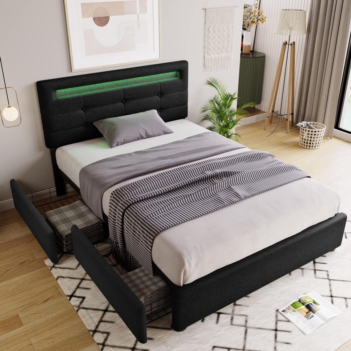 Gestoffeerd Bedframe - Tweepersoonsbed Frame - Slaapkamer Opbergen - Geïntegreerde LED Verlichting - 90 x 200 cm - Zwart