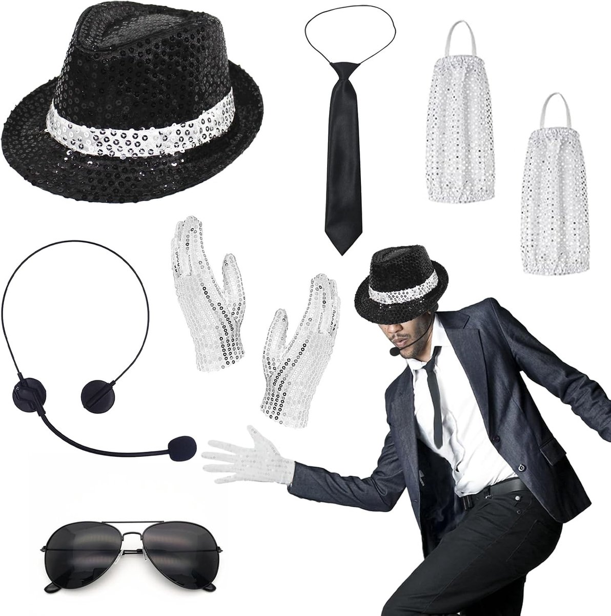 80s Rockster Kostuum voor Mannen - Compleet met Hoed, Handschoen, Zonnebril en Microfoon voor Cosplay en Feesten