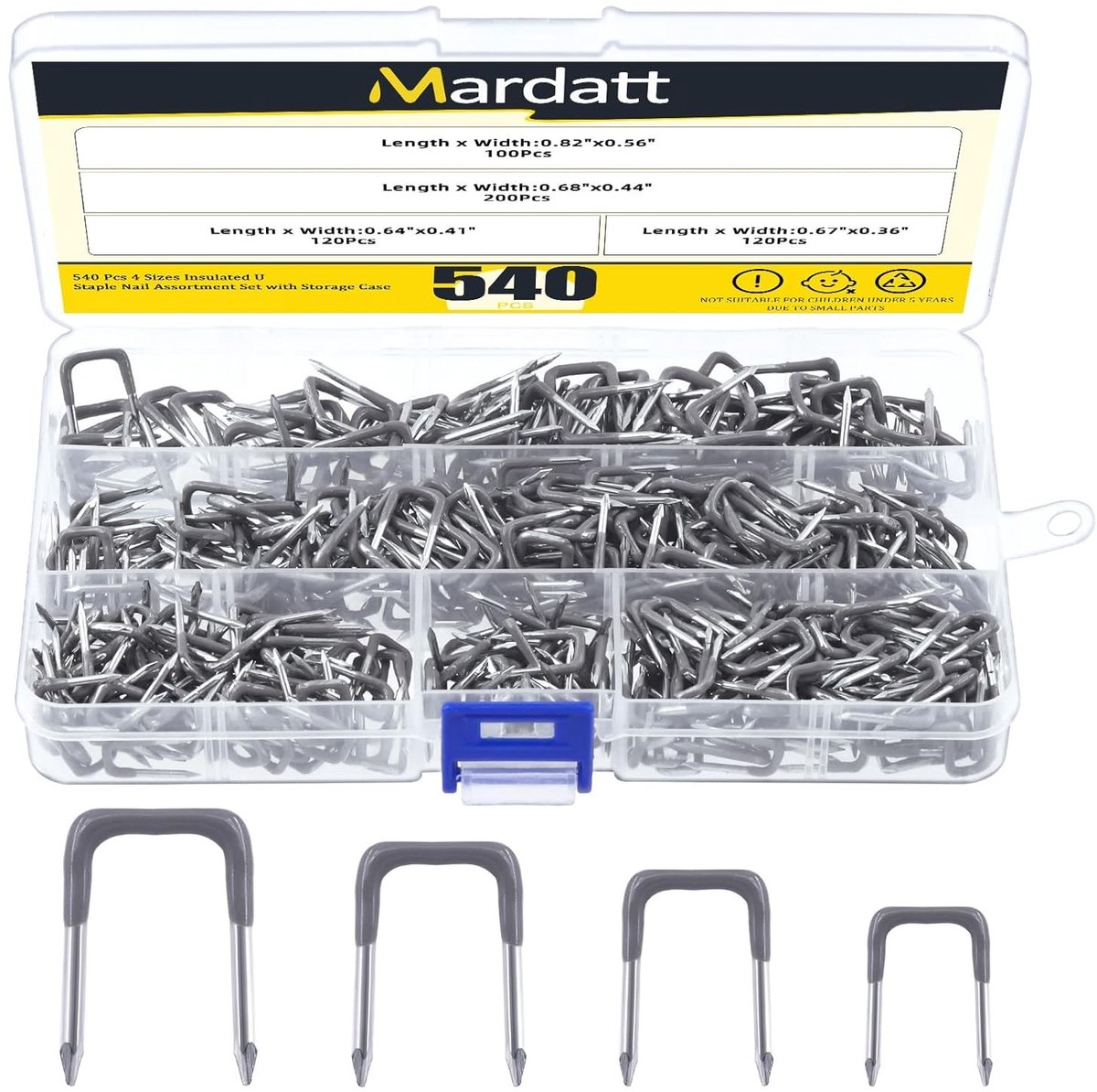 540-delige Geïsoleerde U-Spijker Assortiment met Opbergdoos, 1.5cm en 1cm Metalen Kabelspijkers voor Bevestigen van Elektrische Draden en Kabels