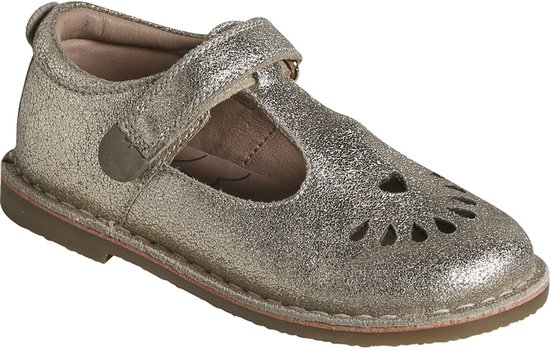 Gouden glitter Mary Jane schoen met klittenbandsluiting en decoratieve perforaties.