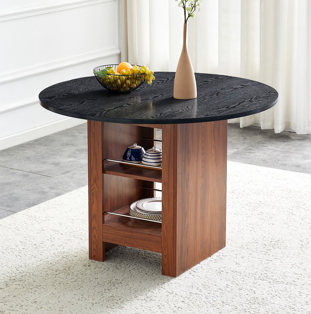 DESMIU Eettafel - Ronde Tafel Met Open Opbergvak - Voor Keuken En Eetkamer In Kleine Ruimtes - MDF - 100 x 100 x 76 cm - Walnoot En Zwart