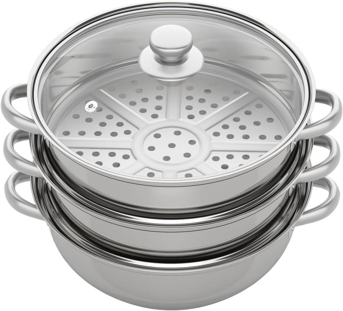 Roestvrij Stalen Stomer - Drielaagse Pan - Gezond Koken - Energie Besparend - 28 cm Diameter - Zilver