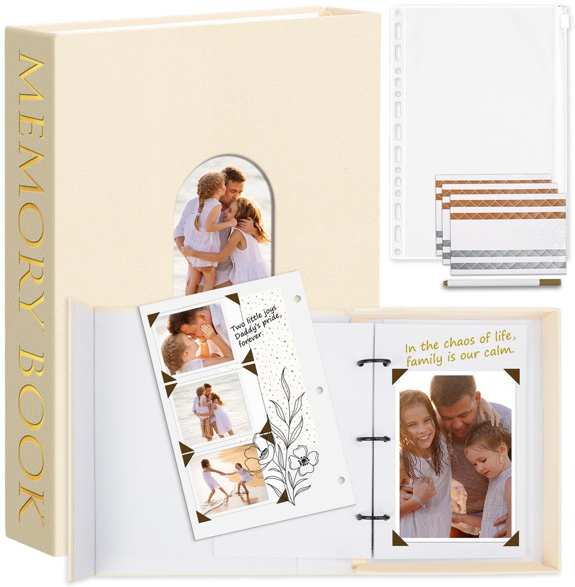 SnelShoppen - Hiwhy Fotoalbum 14 x 22 cm, Linnen Omslag, 3 Ringen, Scrapbook, Decoratief Boek met 30 Witte Vellen, Herinneringsalbum voor Bruiloft, Ve