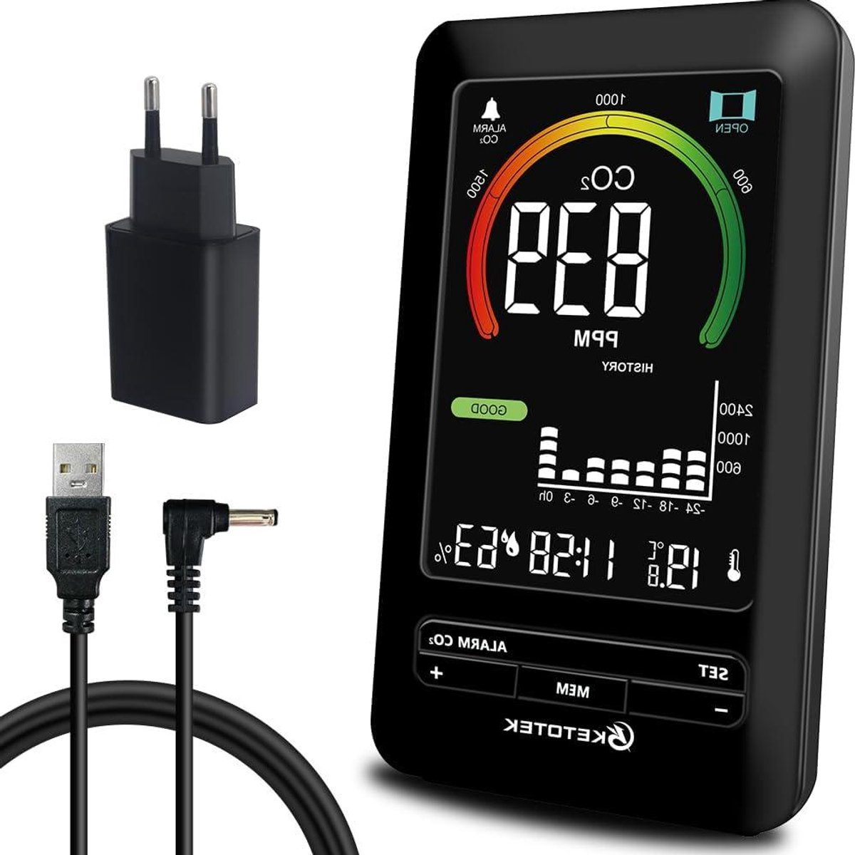 Luchtkwaliteitsmeter - CO2 monitor - Binnenklimaat meten - 3-in-1 meting - 400-5000 PPM - Zwart