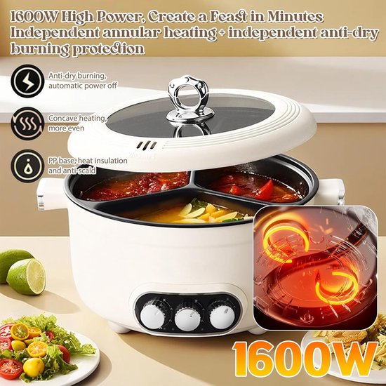 Elektrische Kookpot - Multifunctionele Pan - Gezellig Tafelen - Drie Kookzones - 5.3 Liter - Zilver — afbeelding 5