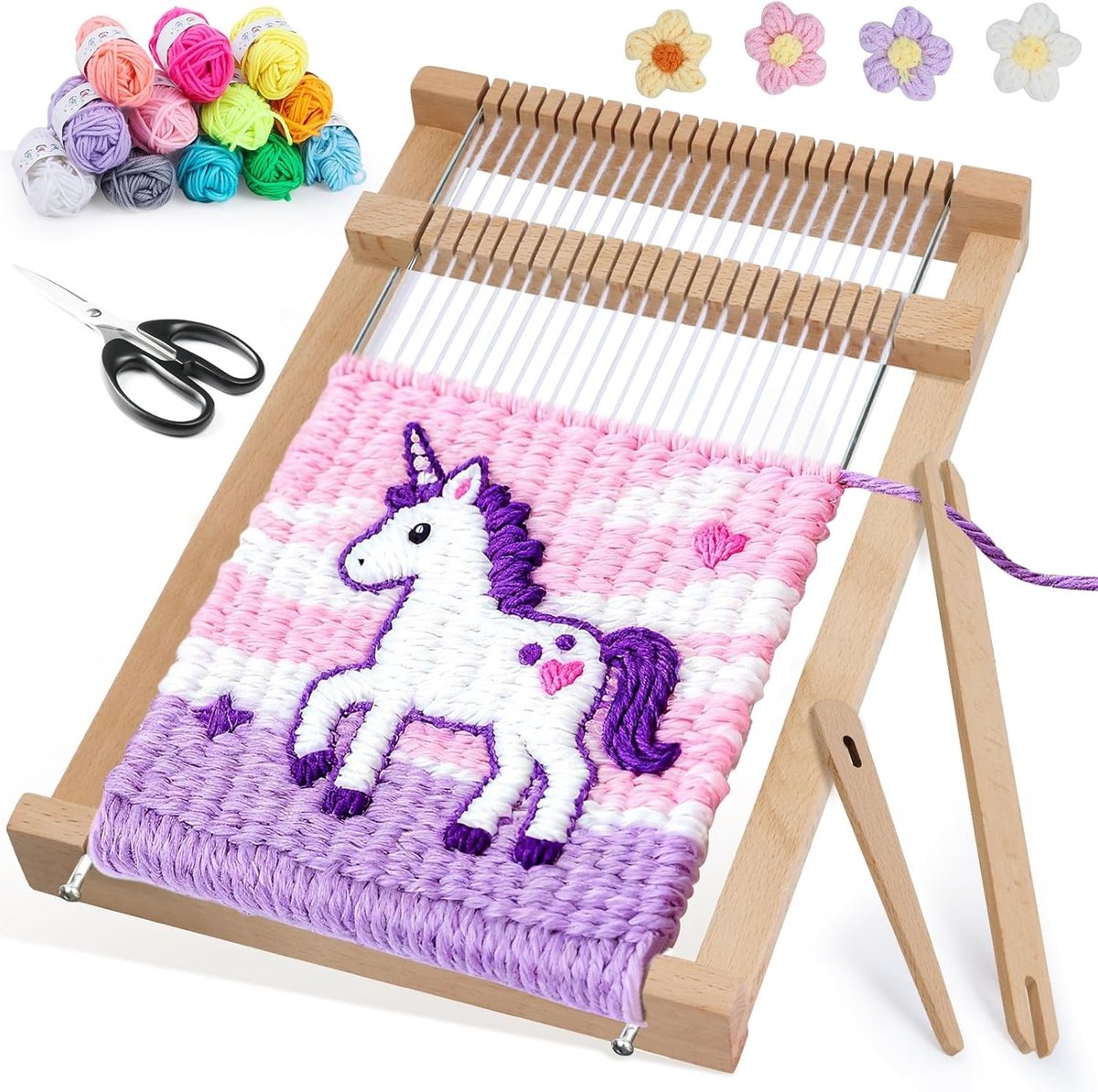 Weefraam voor Kinderen vanaf 4 Jaar - Houten Weefgetouw 29x19 cm met Weefschip, Weefkam en Garens voor Beginners en Scholen