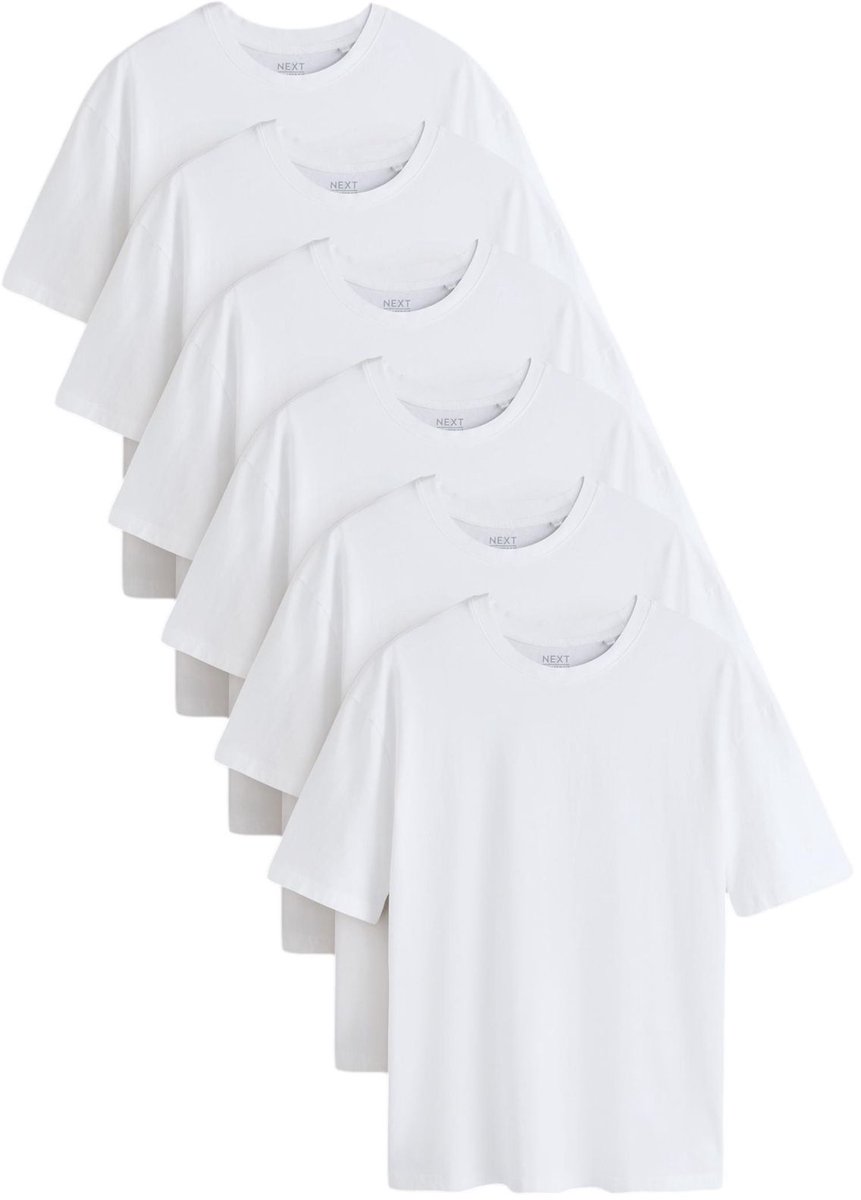 Next - Heren - Set van 6 basic katoenen T-shirts met ruimvallende pasvorm - Wit