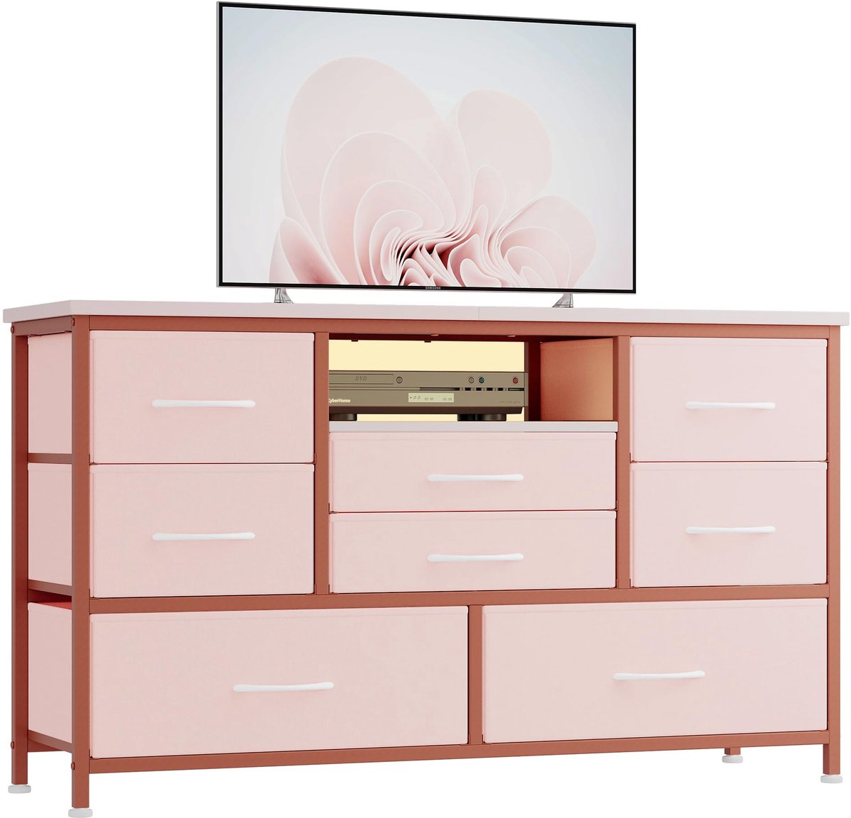 Triumpunpre TV Meubel met 8 Laden en LED Verlichting – Multifunctioneel Entertainmentkast met Stopcontact – Stoffen Ladekast voor Woonkamer, Slaapkamer – Modern Opbergmeubel voor TV tot 55 Inch, Roze