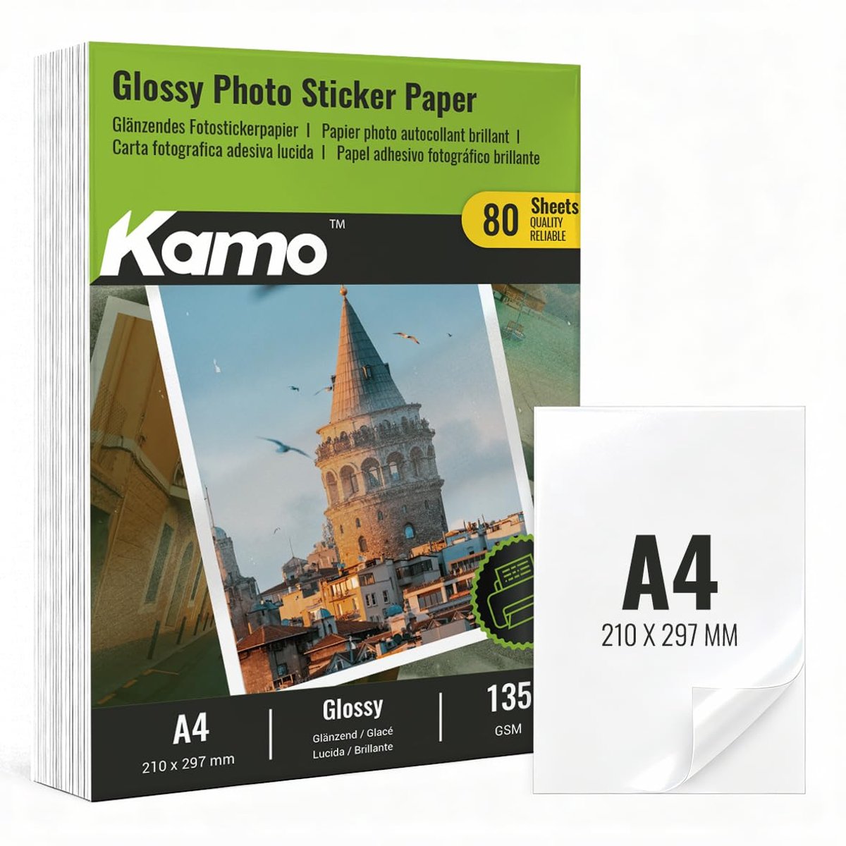 SnelShoppen - Kamo Glanzend Fotopapier A4, Zelfklevend, 135 g/m², 80 Vellen voor Inkjetprinters, Perfect voor Creatieve Projecten en Feestdecoraties