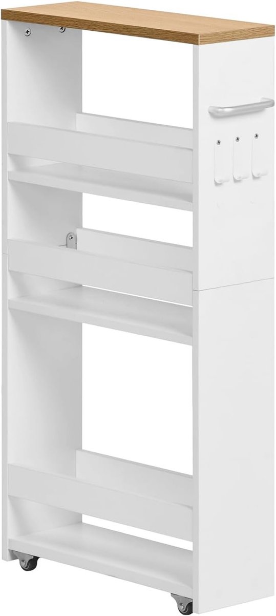 Narrow 4-laags keukenwagen met wielen en stalen handvat voor kleine ruimtes, vintage bruin en wit, 40 x 14 x 80 cm, ideaal voor keuken, badkamer en woonkamer