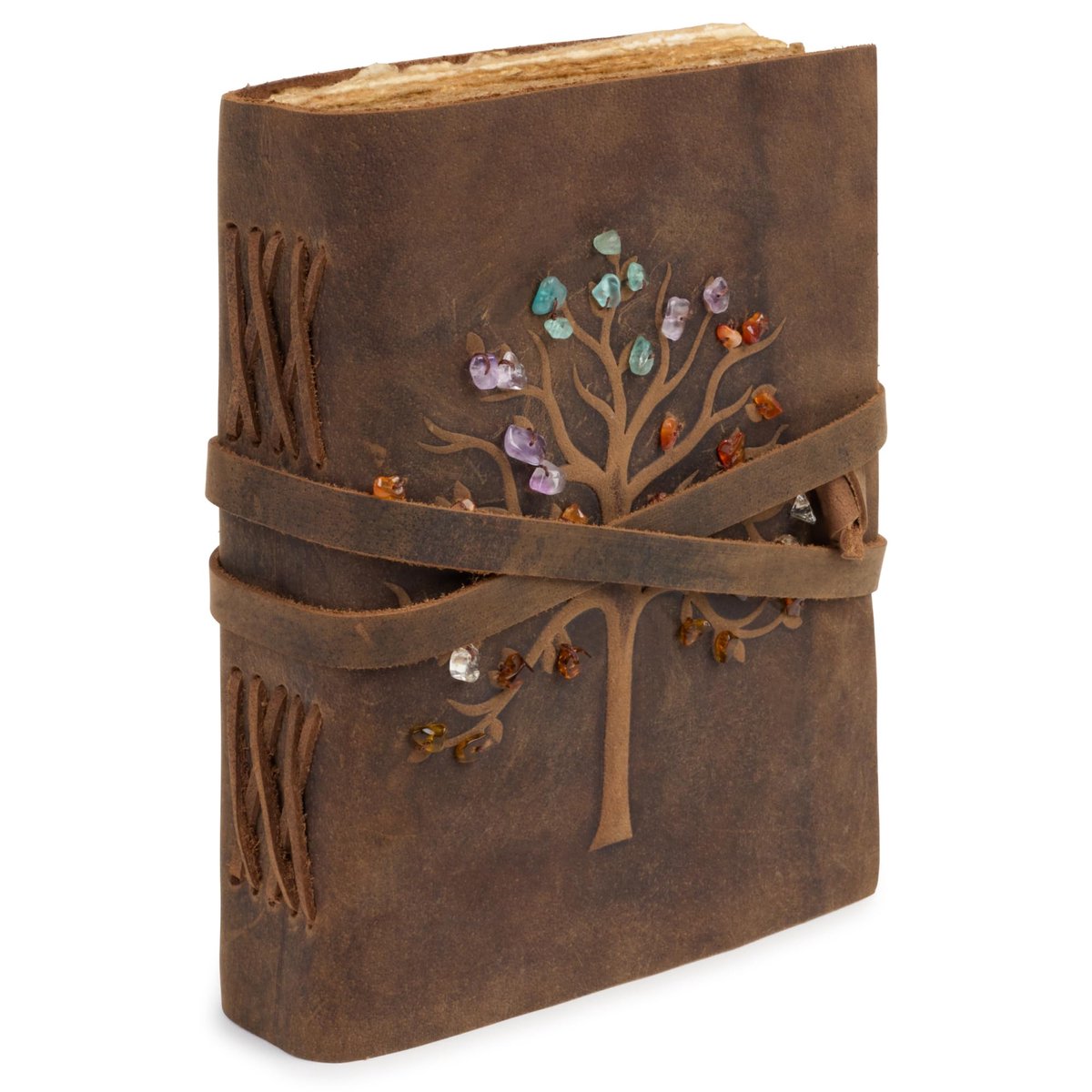 SnelShoppen - Reisnotitieboek van leer met levensboom, plantaardig gelooid, 18 x 13 cm, katoenpapier, ideaal als dagboek, notitieboek voor op reis, sc