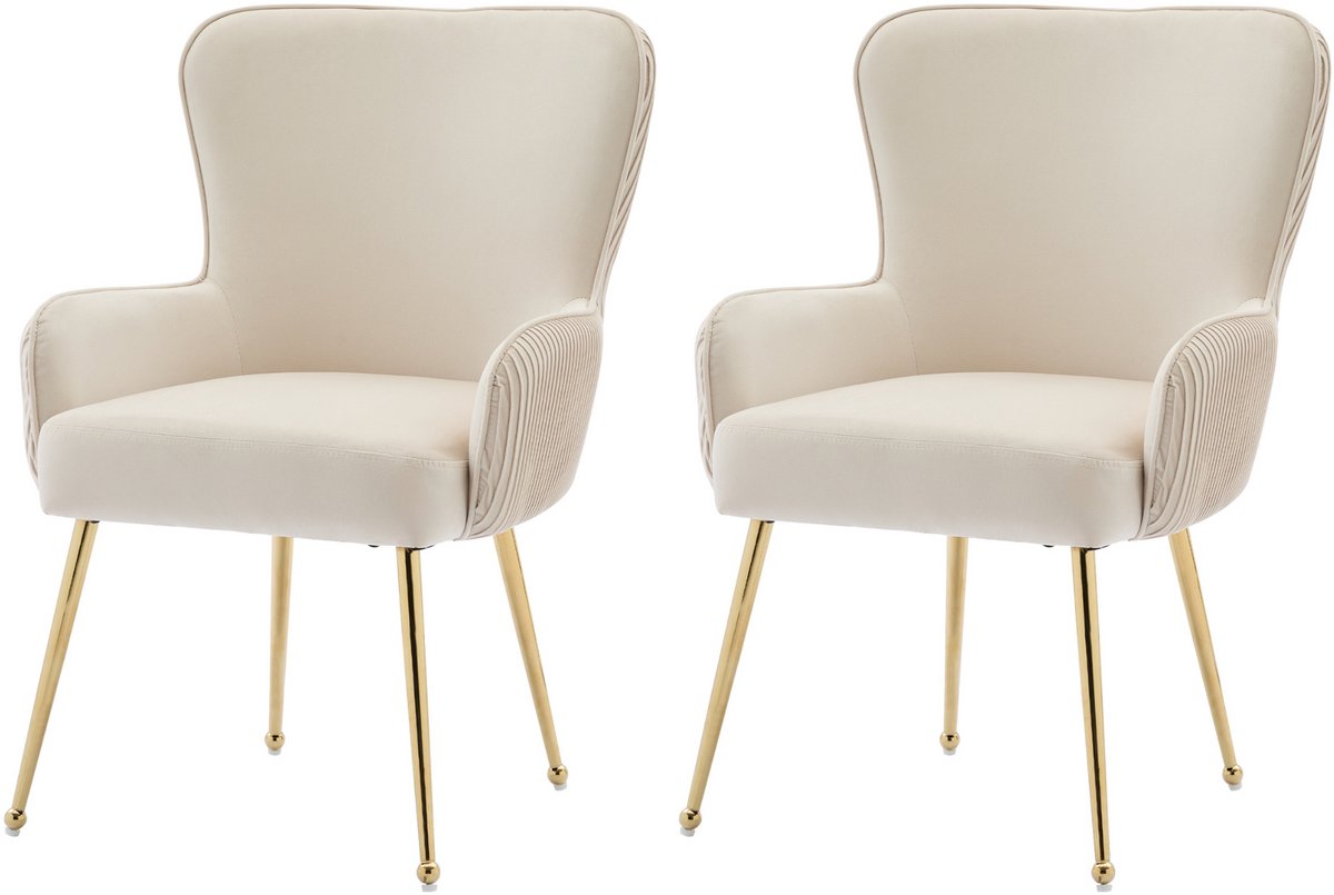 Fluwelen Eetkamerstoelen - Luxe Loungestoel - Gouden Poten - Armleuning - Lendensteun - Verstelbaar - Woonkamer - 120kg - Set Van 2 - Beige