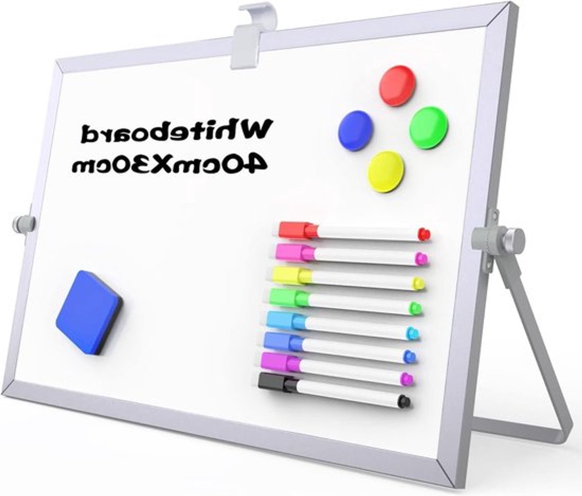 Magnetisch Whiteboard A3 (30x40cm) met Aluminium Frame en Stand - Dubbelzijdig Bureau Bord voor Thuiswerken, Keuken en Planning - Inclusief 8 Stiften, Wisser en Magneten voor Efficiënt Organiseren