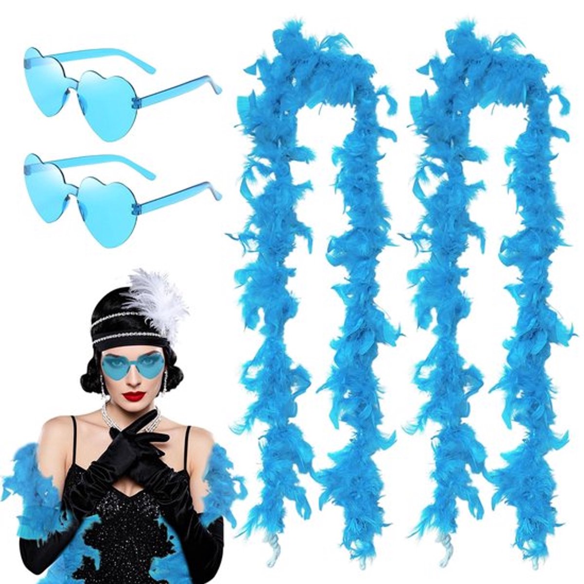 Veren Boa 2 Stuks - Hartvormige Zonnebril - Blauwe Veren - Feestaccessoires - Cosplay - Bruiloft/Partij Decoratie - Feestsjaal