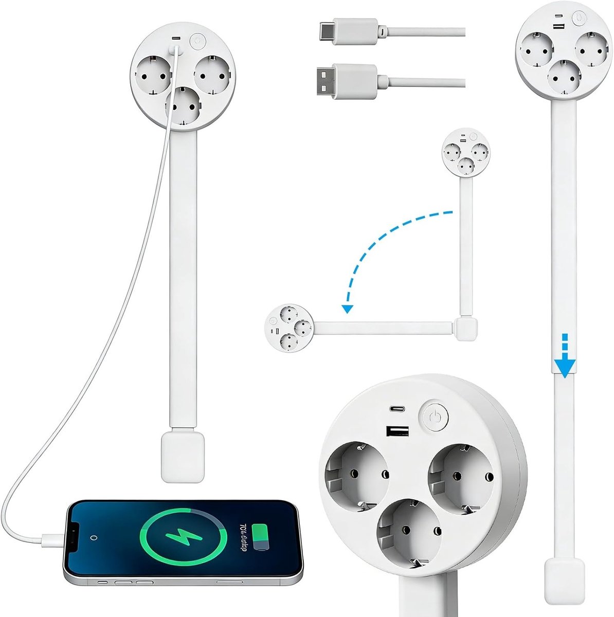 Verlengsnoer met 3 stopcontacten, AC, USB-A en USB-C, 180° draaibaar en telescopisch (43-70 cm), ideaal voor moeilijk bereikbare stopcontacten en ruimtebesparend gebruik