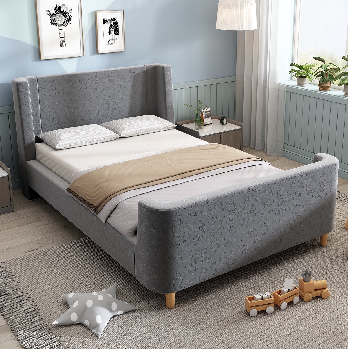 DESMIU Kinderbed 90 x 200 cm - Gestoffeerd Sledebed Met Kosmisch Motief - Lattenbodem - Kinderkamer - Fluweel - Grijs Zonder Matras
