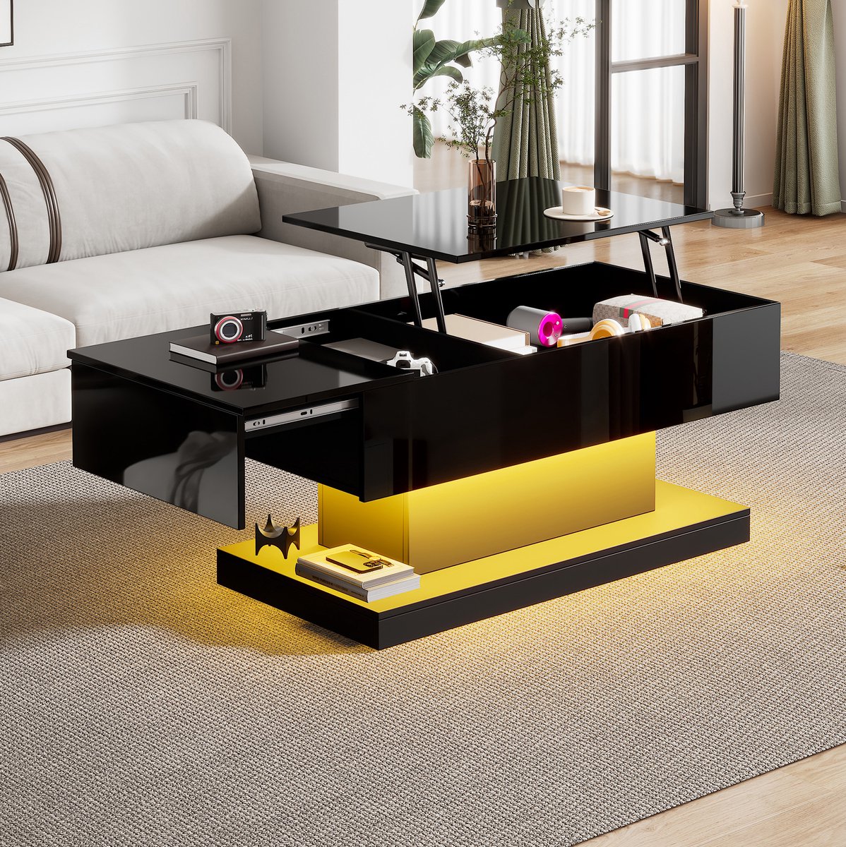 DESMIU Salontafel - Hoogglans Met Hydraulisch Hefblad En LED - Schuifblad Met Opbergruimte Voor Woonkamer - Spaanplaat - Zwart - 100x50x45 Cm