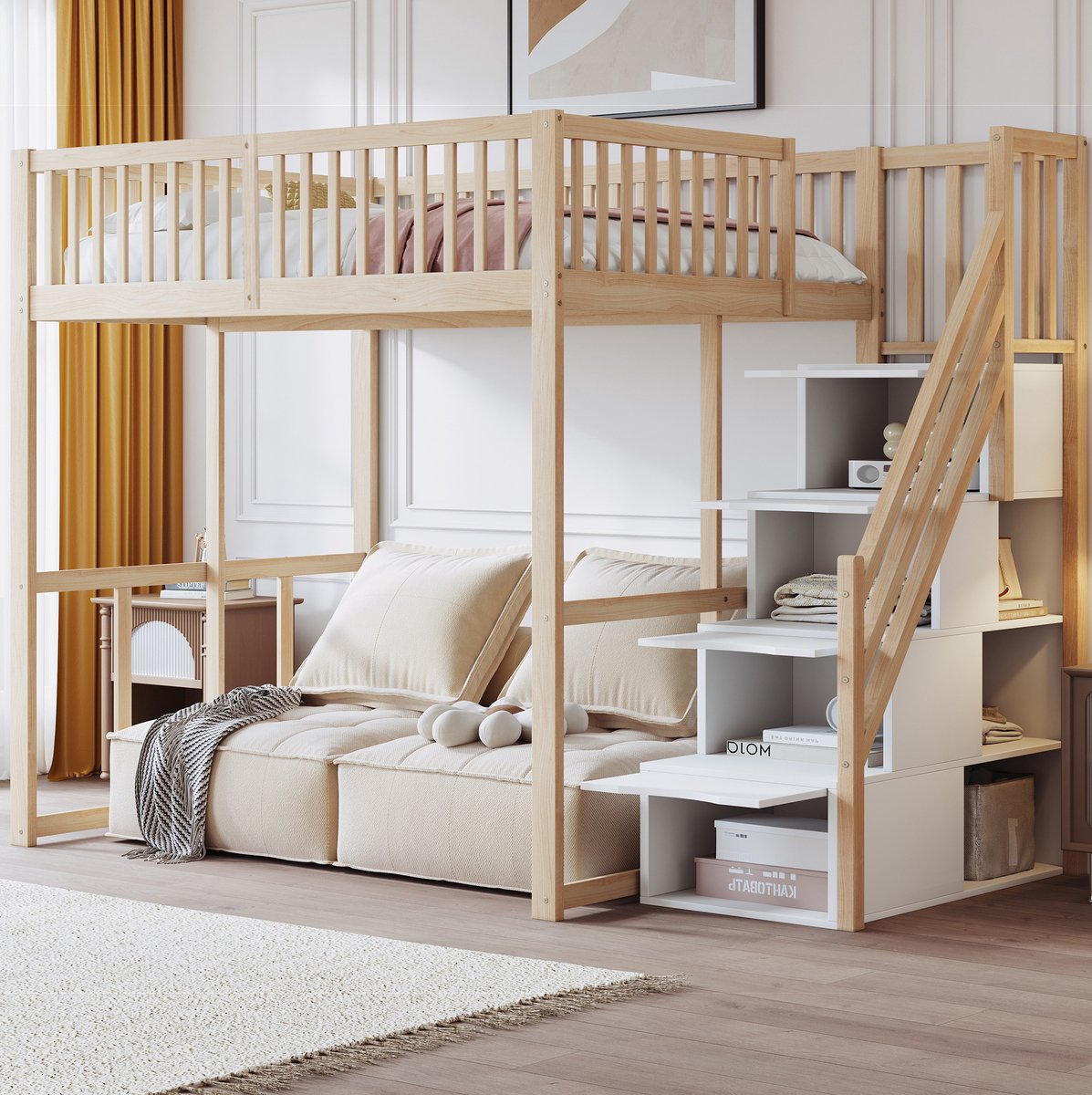 COVREO Hoogslaper 140x200 cm houtkleur, van hout met opbergtrap Natural Wood