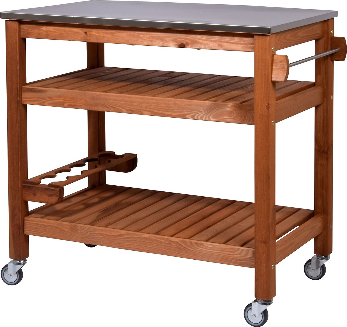 SnelShoppen - Multifunctionele BBQ-Trolley, Oprolbare Bijzetwagen van Massief Hout met Roestvrijstalen Plaat, 94x58x90 cm, Bruin, Perfect voor Tuin, F