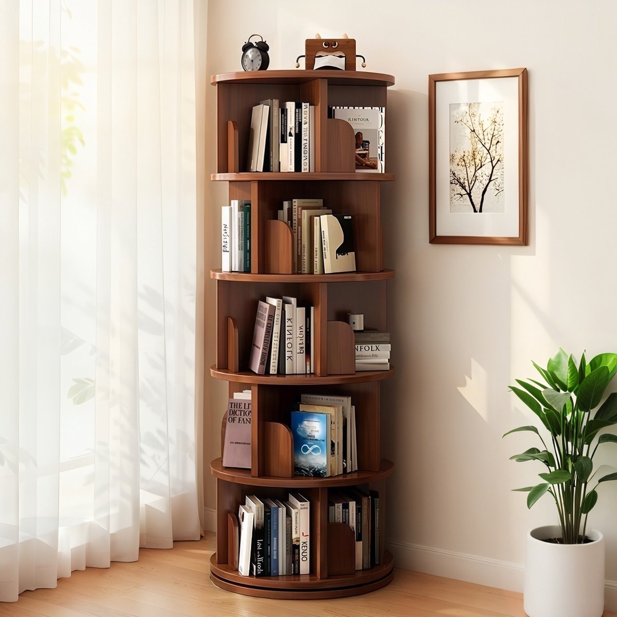 PHOEBE CAT Boekenkast – 360° draaibaar – 5 planken – Walnoot
