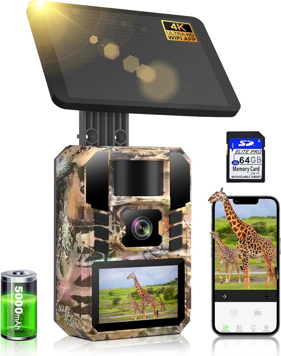 SnelShoppen - Lutranstra 3 Gen Wildcamera op Zonne-energie, 4K/64 MP met WiFi en Mobiele App, Bewegingssensor, Nachtzicht en 0,1s Activeringstijd, Inf