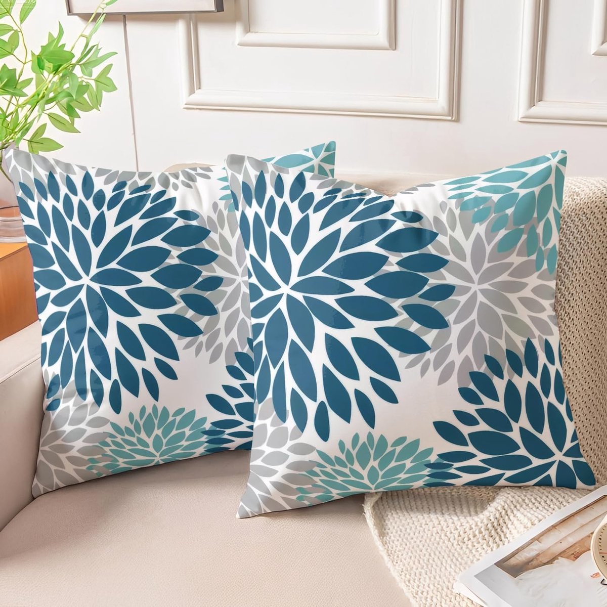 SnelShoppen - Set van 2 Fluwelen Kussenhoezen 50 x 50 cm Blauw en Grijs Dubbelzijdig Moderne Sierkussenhoezen Voor Bank, Woonkamer, Slaapkamer, Auto,