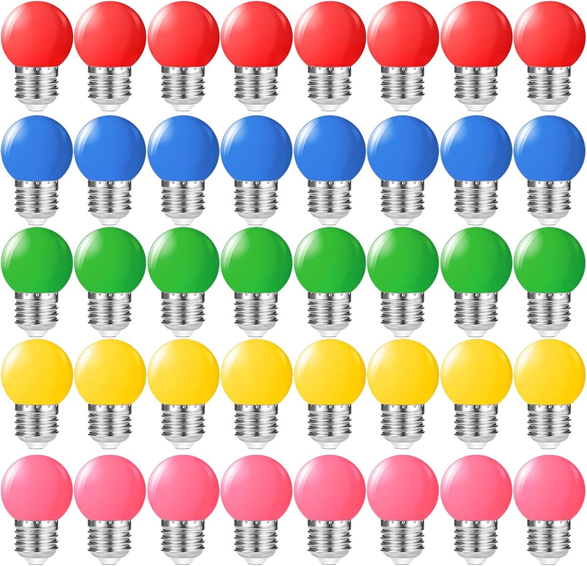 SnelShoppen - Set van 40 Gekleurde LEDlampen E27-fitting, 1W, Feestgloeilampen in Rood, Geel, Groen, Blauw, Roze voor Tuin, Camping, Feest en Decorati