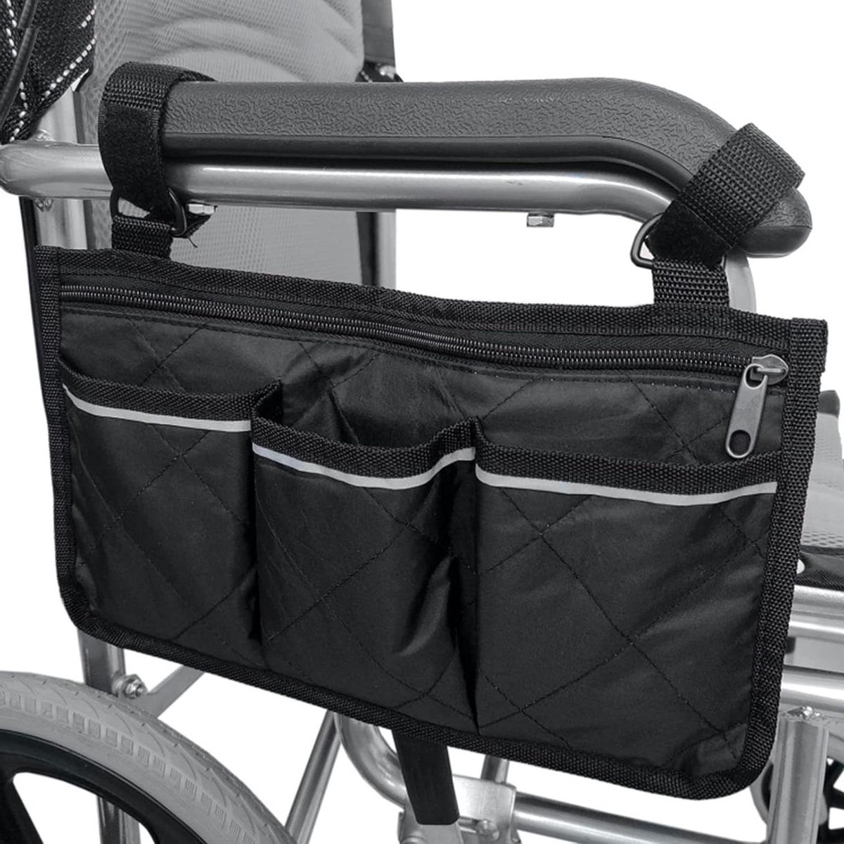 Rolstoeltas - Armleuning organizer - Mobiele opslag - Reflecterend design - 325 x 18 cm - Zwart