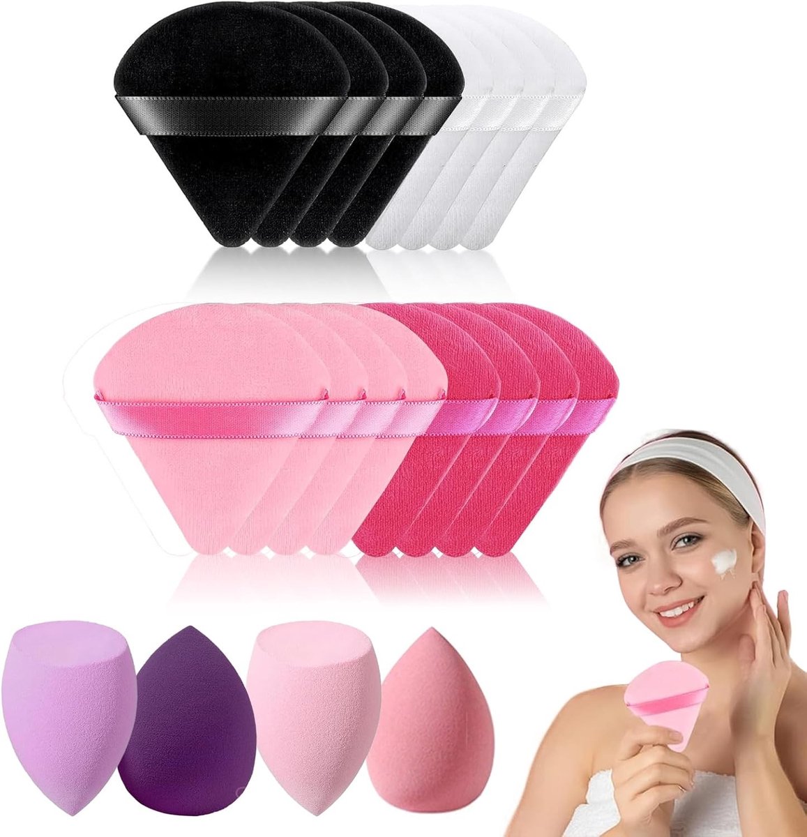 12 Stuks Driehoekige Make-up Poederkwasten en 4 Wasbare Make-upsponsen voor Natuurlijke Make-up en Foundation, Geschikt voor Droge en Nat Gebruik