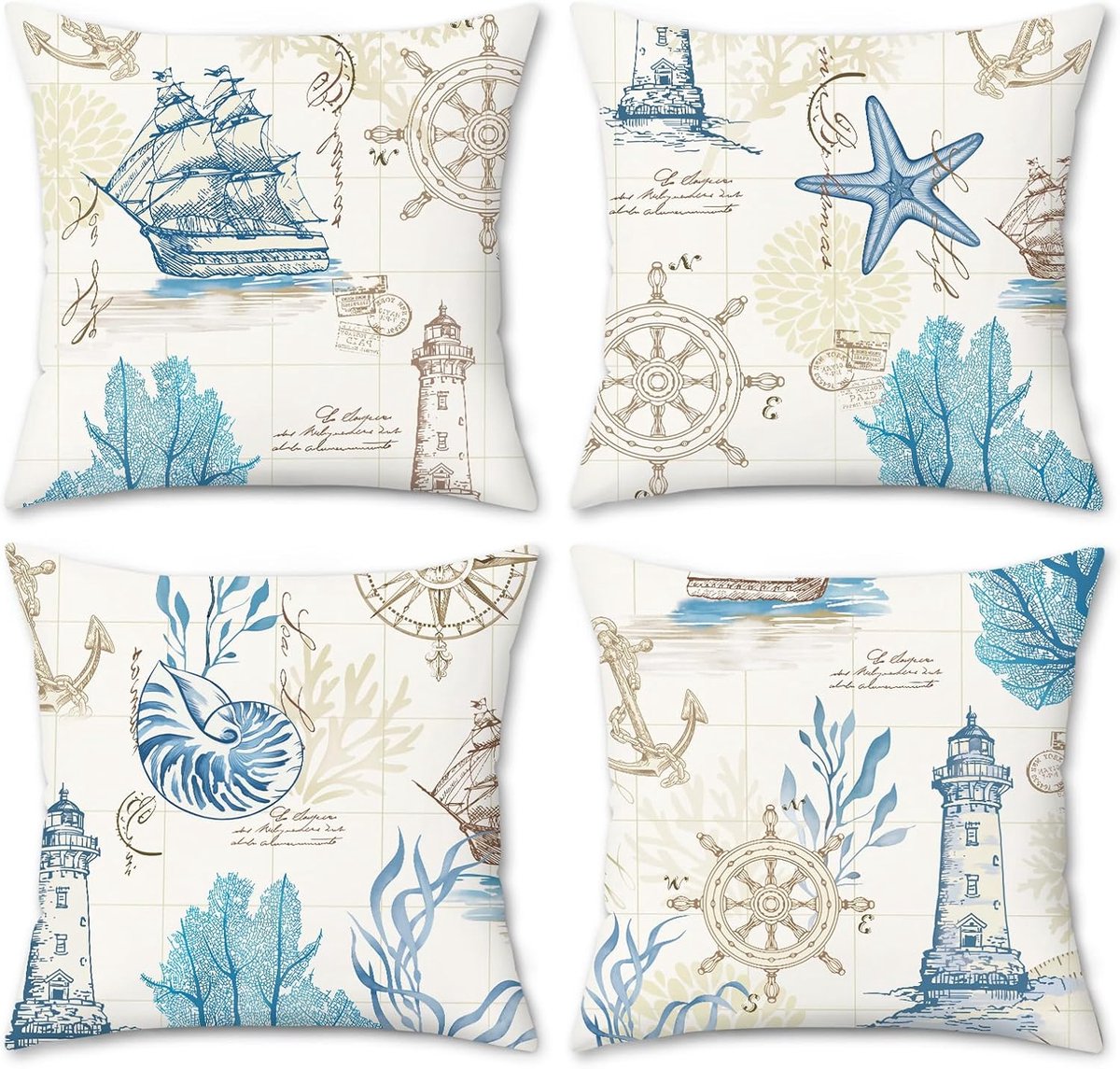 SnelShoppen - Set van 4 Nautische Kussenhoezen 45 x 45 cm - Vintage Decoratieve Kussenslopen met Zeilboot en Vuurtoren - Perfect voor Bank, Slaapkamer